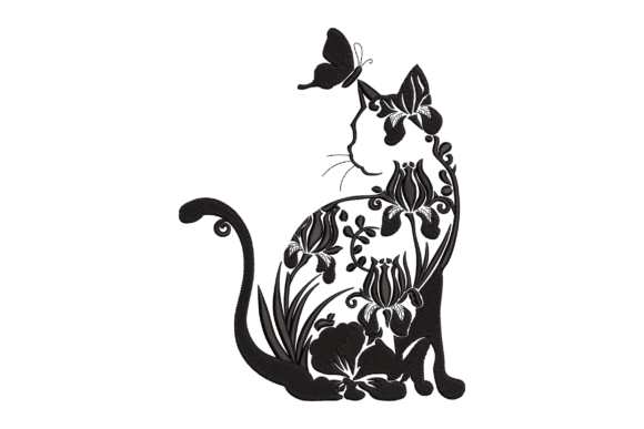 Charming Floral Cat Butterfly Embroidery