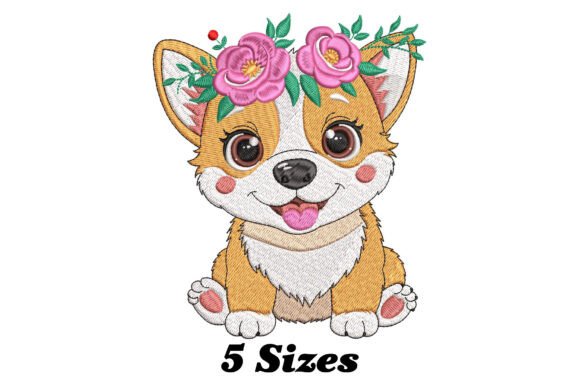 Charming Floral Corgi Puppy Embroidery Design
