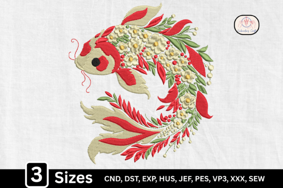 Elegant Floral Ornate Koi Fish Embroidery