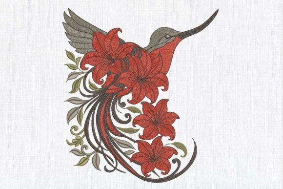 Elegant Floral Red Lily Hummingbird Design