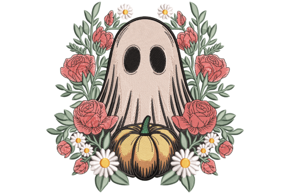 Floral Ghost with Pumpkin: A Charming Halloween Embroidery